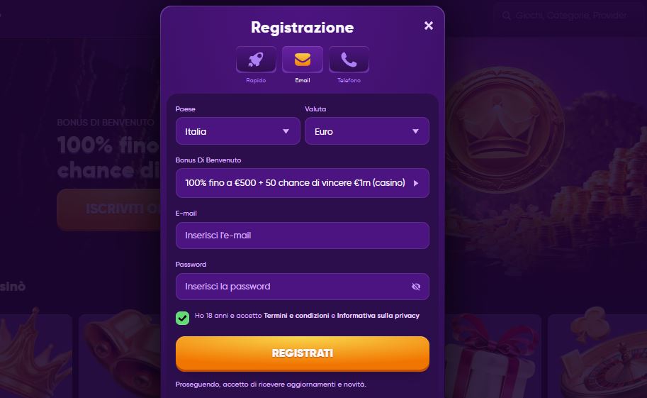 Crea account casinò inserendo email e password nel modulo