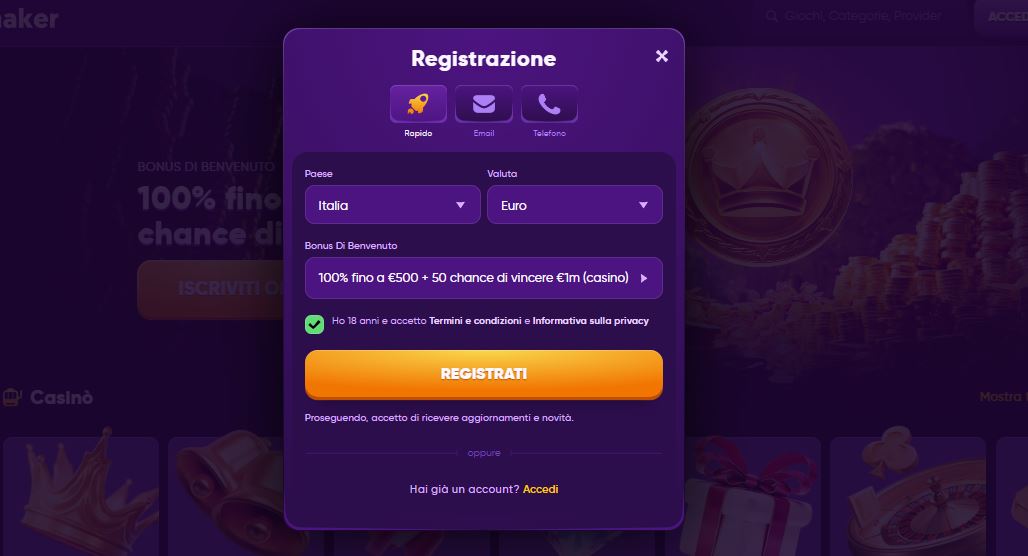 Usa registrazione rapida con un click su Kingmaker Casino