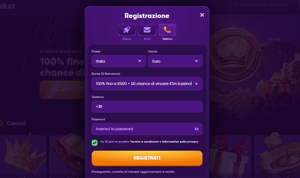 Registrati su Kingmaker Casino usando il numero di telefono