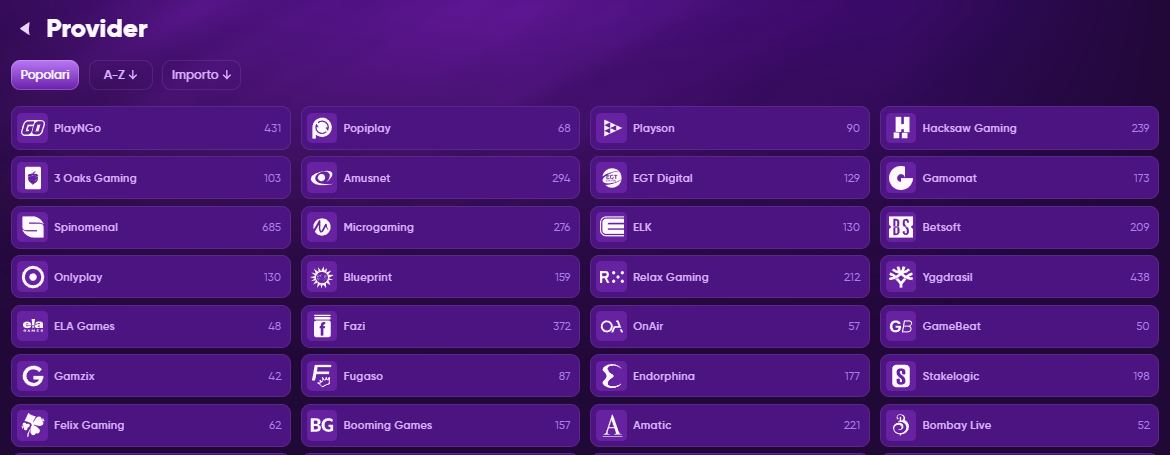 Filtra i giochi per provider e trova i tuoi preferiti